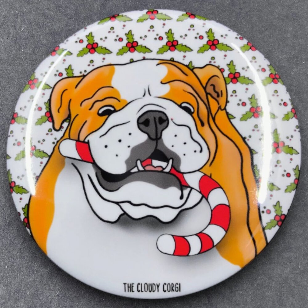 English Bulldog Candy Cane Pin, Magnet, Keychain, Bottle Opener or Mini Ornament